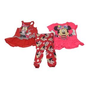 3pc Disney Minnie Mouse Ruffle Shirt Pants Lot Girls Size 12M Red Pink